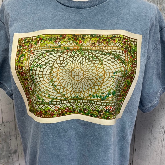 Hand Printed Upcycled Womens Large Vintage Sunroom Ceiling Floral PolyCotton Tee - Picture 2 of 4